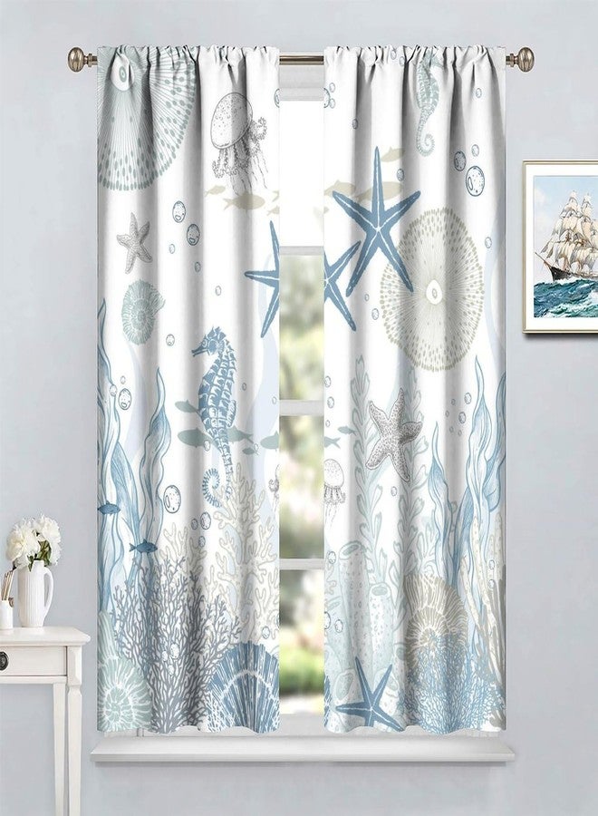 SENRUEGT Nautical Coastal Curtains,Nautical Beach Starfish Seashell Blue Curtains Summer Ocean Window Treatment Drapes for Living Room Bedroom 42x63in - Image 5